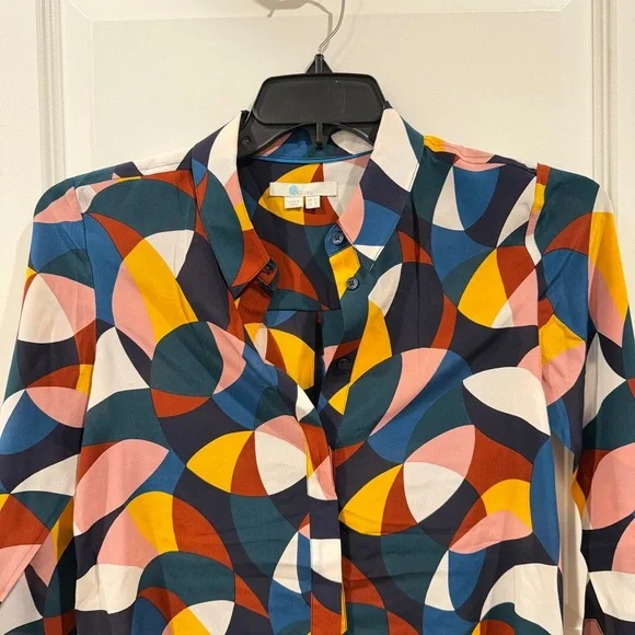 Boden 100% Silk Multicolor Geometric Print Button Down Blouse Shirt sz US6/UK10 - Picture 3 of 11
